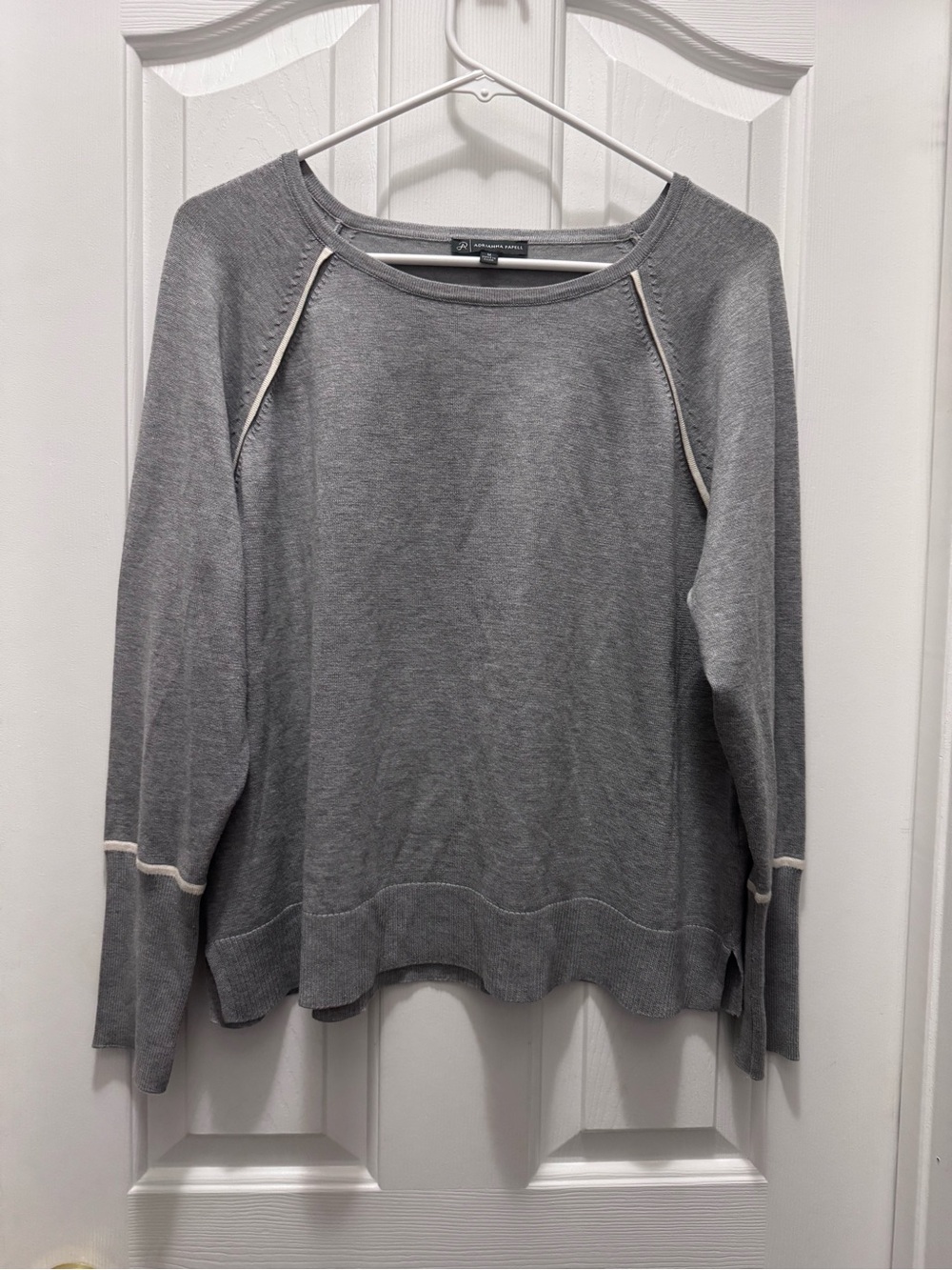 Adrianna Papell Gray Crewneck Sweater with Cream Contrast